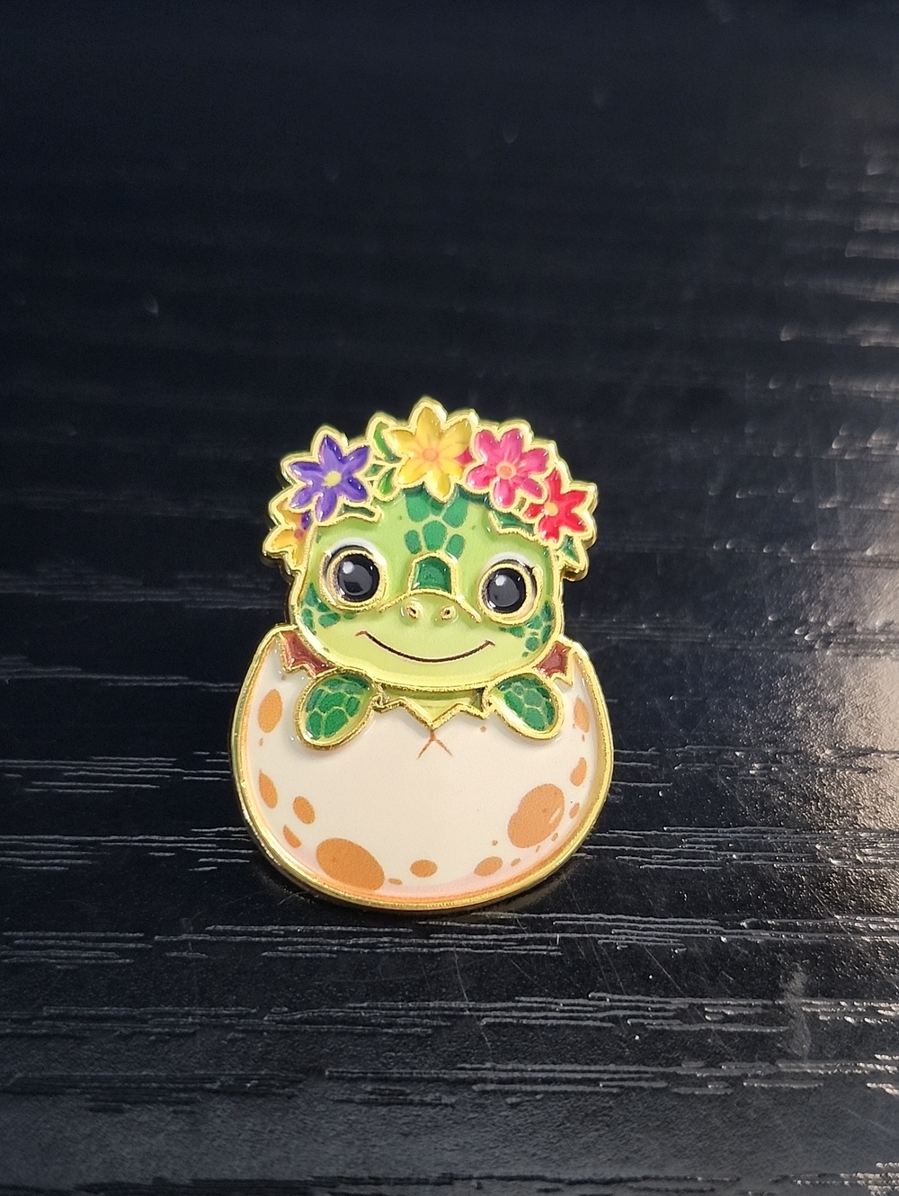 Green Baby Sea Turtle Hatchling Enamel Pin with Floral Crown